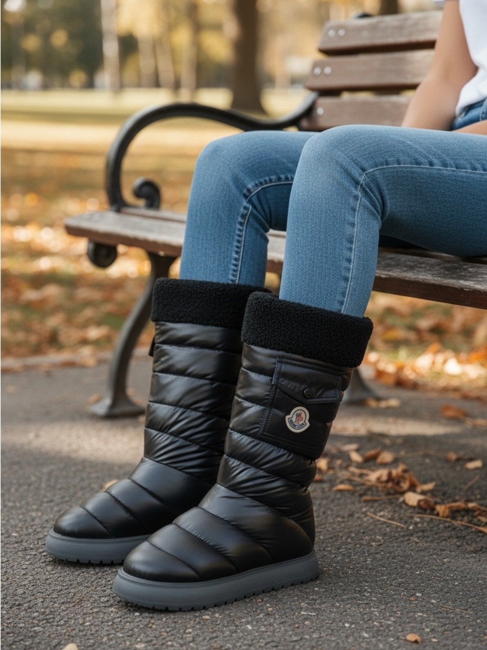 Moncler Gaia Pocket Snow Black Quilted Winter Boots Shearling Collar Woman 37